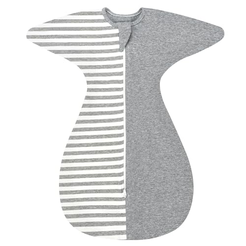 Image of ZIGJOY Shark-Fin Transition Swaddle - 1.0 Tog Baby Sleep Sack Soft Cotton Transitional Baby Wearable Blanket with 2-Way Zipper, Stripe Grey, 6-12 Months