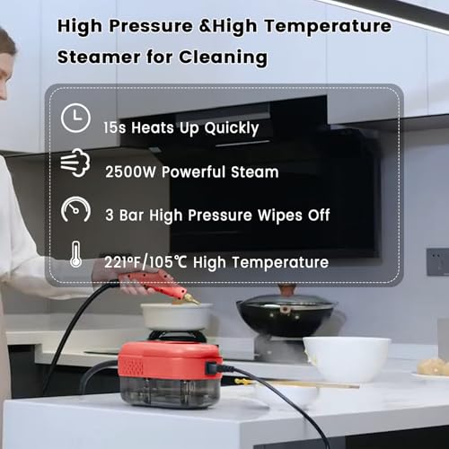 Image of Steam Cleaner, Portable Pressurized Steamer for Cleaning with 14pcs Accessories, 6-Level Adjustable and 15s Heat-Up, Handheld Steam Cleaner for Home, Tile, Dirt, Grout, Grease, Car Detailing (5-Red)