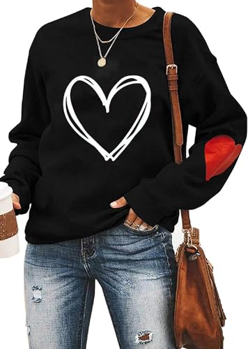 Ykomow Long Sleeve Valentines Shirts Women Plaid Love Heart Valentines Sweatshirts Blouse Tops (L, B-Black)
