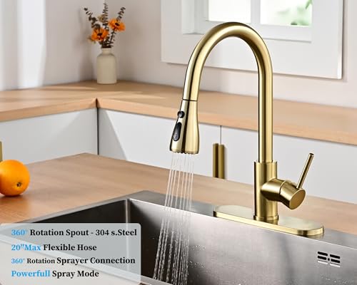 Image of Havin Gold Kitchen Faucet with Pull Down Magnetic Sprayer, High Arc Stainless Steel Material, with cUPC Ceramic Cartridge,Without Deck Plate,Fit for 1 Hole Kitchen Sink