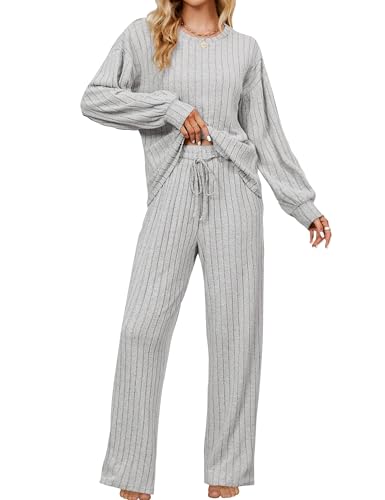 Image of Blooming Jelly Women Ribbed Long Sleeve Pajama Sets Fall Loungewear Pockets