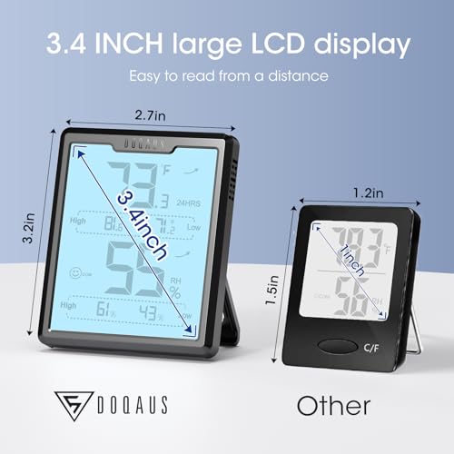 DOQAUS Digital Hygrometer Room Thermometer Indoor, Humidity Meter with Large LCD Display, Backlight Temperature Humidity Monitor with Max Min Records, Black