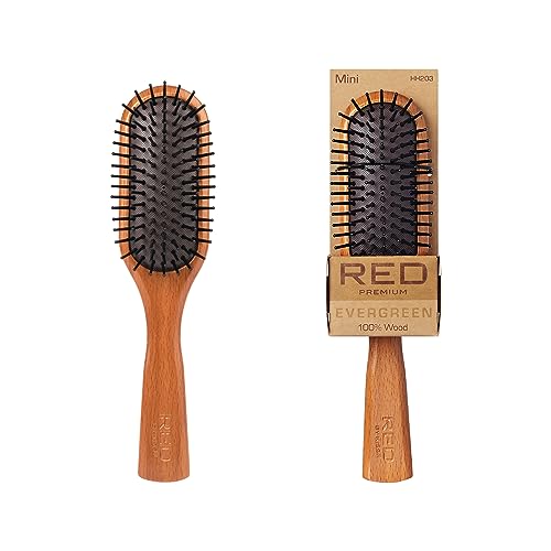 RED Premium Evergreen Wooden Paddle Brush, Detangling Brush with Long Bristles for Thick, Curly, Thin, Wet or Dry Hair - Long-Lasting Shine (Mini)