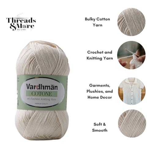 Image of Vardhman Threads & More Cotone DK Weight Yarn - 51% Cotton 49% Acrylic Blend - 100g Ball 250m Length - Perfect for Knitting Crochet Amigurumi (Off White)