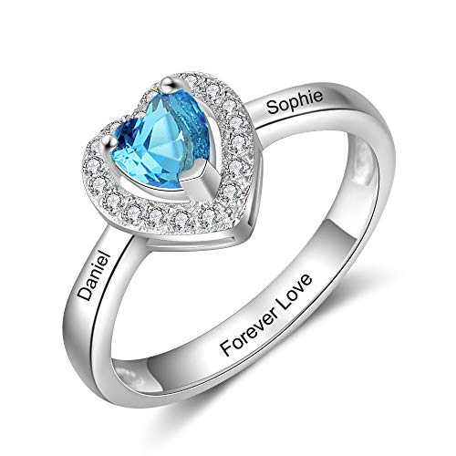 Anneaux de bleue Cristal personnalisés pour bagues en argent pour mamans pour femmes filles promesse de mariage, bagues de fiançailles, personnalisée simulé pierre de naissance gravée nom taille 60 Cover