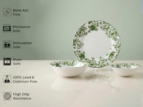 Image of Bodhi House Porcelain Dinner Set 14 Pieces - Green Leaf | White Dinnerware Set 6 Dinner Plates, 6 Katori Bowls, 2 Serving Bowls | Premium Crockery Set for Dining, Kitchen & Gifting