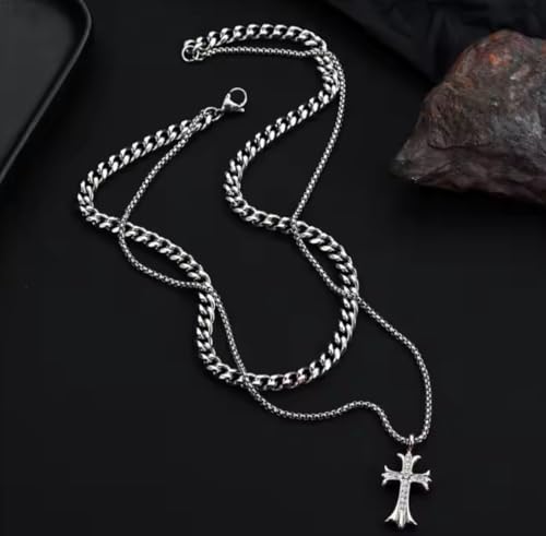 Chrome, Y2k, Necklace 304 Men's Silver Opium Stainless Steel Cross Layered Cuban Link Chain Necklace3