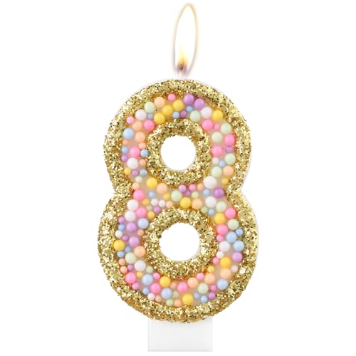 Velas de macaron para cumpleaños número 8, vela dorada con el número 8 para pastel, velas de perlas de color, decoraciones de cumpleaños temáticas de macarrón, decoración de pastel de cumpleaños para