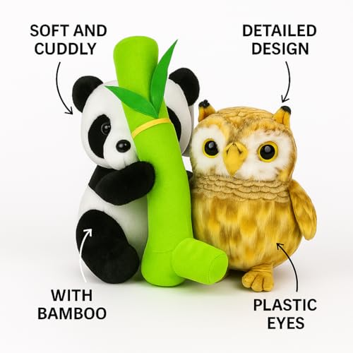 Image of Soft Panda & Owl Stuffed Animal Combo ? Cuddly Plush Toys for Kids | Jungle & Forest Animal Theme ? Ideal Gift for Boys & Girls (Panda 30cm & Owl 25cm)