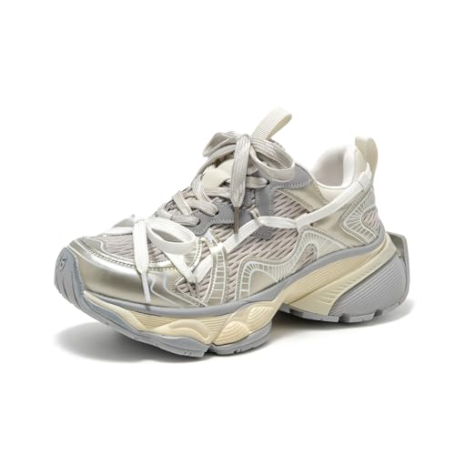 BEAU TODAY Womens Platform Fashion Sneakers, Chunky Leather Walking Shoes for Women, Casual Dress Comfortable Non-Slip Lace-up Mesh Running Gym Shoes 6