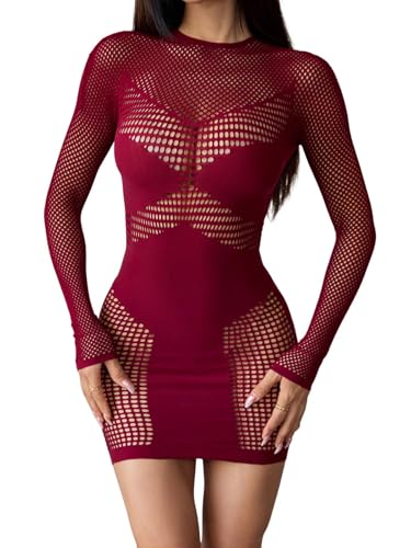 AVZXSA Womens Sexy Mesh Long Sleeve Mini Dress, Lace Babydoll Clubwear Cutout Round Neck Short Bodycon Dresses, Wine Red, OS