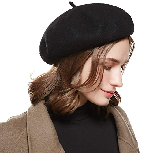 WELROG Wool French Beret Hat - Adjustable Casual Classic Solid Color Artist Caps for Women Black