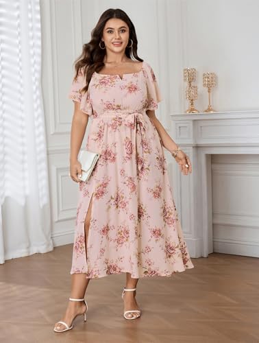Image of SCOMCHIC Womens Plus Size Formal Dresses Off The Shoulder Wedding Guest Cocktail A-Line Split Maxi Dress with Pockets