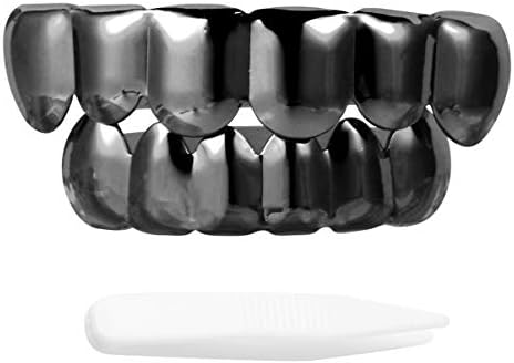 PRETYZOOM 1 Set Hip Hop Teeth Brace Shiny Top Bottom Teeth Grillz Removable Teeth Mouth Guard Trick Joke Prop Halloween Costume Accessories for Adults Children Black