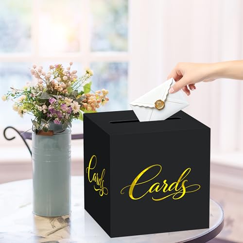 Image of Black and Gold Wedding Card Box for Reception, 8.7 inch Cardstock Card Holder for Graduation, Anniversary, Birthday, Retirement, Elegant Party Gift Box for Envelopes and Money, Easy Assembly