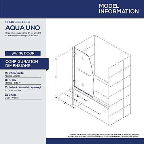 Dreamline Aqua Uno 34 In. W X 58 In. H Frameless Hinged Tub Door In Chrome, Shdr-3534586-01 #TOP1