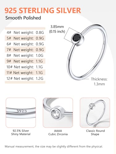 Silvora 925 Sterling Silver Simple Black Round Ring for Women Tiny Silver Wedding Band Rings Size 4-124