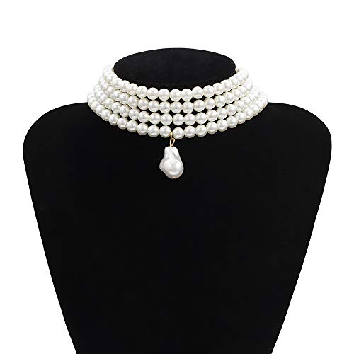 Daimay Simulated Pearl Chokers Multi-Layer Pearl Necklace Multi-Strand Pearl Statement Bridal Choker Necklace for Wedding Party Jewelry 20s Flapper Necklace for Party-Round L Size2