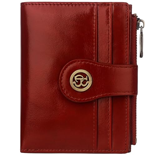 Image of Leather Wallet Women,RFID Blocking Slim Compact Card Holder with Zipper Coin Pocket,Top Grain Cowhide Bifold Women's Wallet(winered)