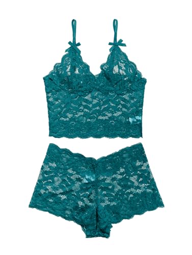 Image of Lilosy Sexy Women Floral Lace Pajamas Lingerie Set High Waist Sheer Sleepwear See Through Nightwear Bow Ties Cami Shorts Bra and Panty 2 Piece Turquoise 2# Small