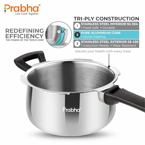 Image of Prabha Stainless Steel Pressure Cooker Outer Lid 1.5 Litre | Tri-Ply Kalash Cookers Bakelite Handle | Kitchen Cookware Pots & Pans | ISI Certified Fast & Safe Healthy Cooking | Gas & Induction