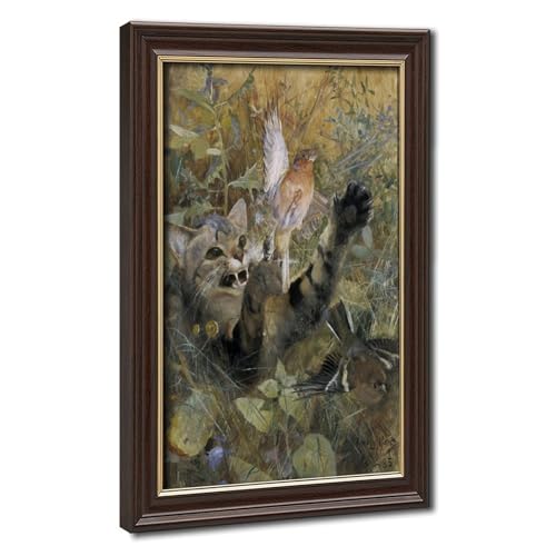 Toile chat et pinson Bruno Liljefors cadre suspendu décoration murale 20x30