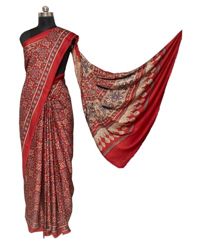 Image of Ethnics of Kutch Womenss Ajrakh Modal Silk Natural Dye Hand Block Print Saree with Blouse Piece - 5.5 Mtr Length