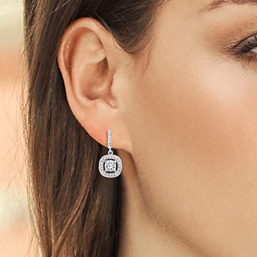 Gem Stone King 925 Sterling Silver 5MM Cushion Gemstone Birthstone and White Moissanite Drop Dangle Earrings For Women