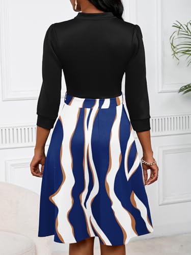 Image of PerZeal Women's Casual Flowy A-Line Midi Dress Flared V-Neck Colorblock Print for Wedding Guest 3 /4 Sleeve Dress with Belt