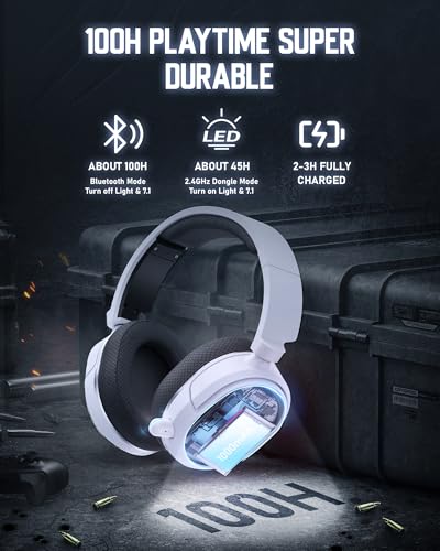 Image of Wireless Gaming Headset, 7.1 Surround Sound, 2.4GHz USB Gaming Headphones with Bluetooth 5.4, 100H Battery, ENC Noise Canceling Mic, RGB Light, Wireless Headset for PC PS5 PS4 Mac Switch (Black-White)