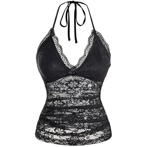 SHENHE Women's Y2k Lace Halter Top Tie Backless Deep V Neck Sexy Crop Top