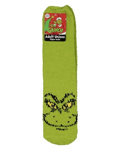 MJC Dr. Seuss The Grinch Adult Unisex Fuzzy Grinch Face Gripper Slipper Socks OSFM, Green4