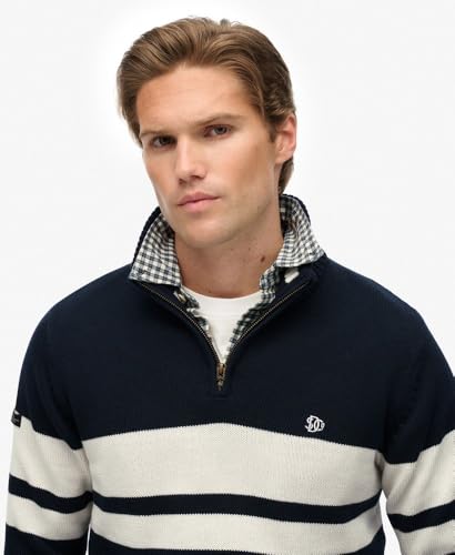 Superdry Cotton Stripe Half Zip Knit Pullover Sweater, Eclipse Navy/Bone White, XL Men's