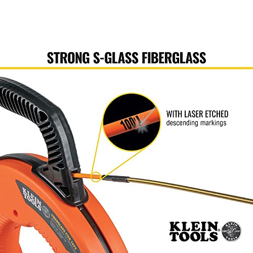 Klein Tools 56351 Non-Conductive Electrical Fish Tape, Fiberglass Wire Puller W/Steel Leader, Optimized Housing, 100-Foot X 3/16-Inch #TOP4