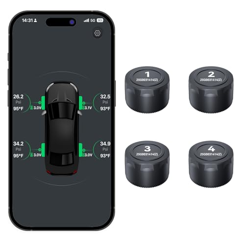 OBEST Bluetooth Reifendruckkontrollsystem mit 4 externen Sensoren, Bluetooth Reifendrucksensor Reifen Sensor APP für Autos und Motorräder