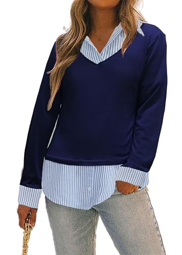 Oyamiki Langarmshirt Damen Baumwolle mit Hemdkragen Farbblock Stricken V Ausschnitt Tshirt Lässige Elegante Blusen Loose Sweatshirt Top für Herbst Winter