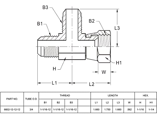 Image of 6602-12-12-12 Hydraulic Adapter Fitting Run Tee 3 /4 inch Male JIC 37(1-1 /16 inch-12 SAE) x 3 /4 inch Female JIC 37(1-1 /16 inch-12 SAE) Swivel x 3 /4 inch Male JIC 37(1-1 /16 inch-12 SAE) Carbon Steel