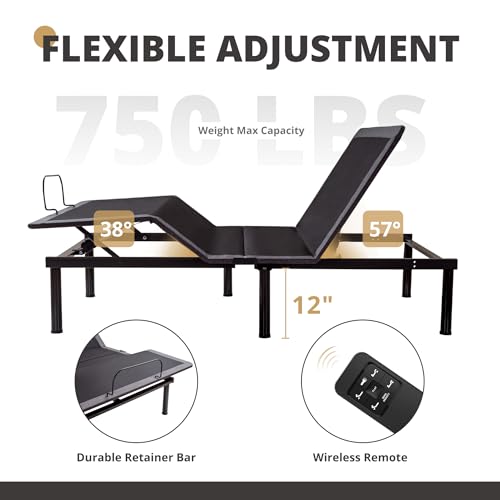 Image of EGOHOME Adjustable Bed Frame Queen for Pain Relief, Metal Folding Bed Base with Remote for Independent Head and Foot Incline, Zero Gravity, Anti Snore | 12 inch Removable Legs, Wireless Remote, Head and Foot Incline, Anti Snore, Zero Clerance Easy Assembly