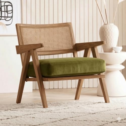 Image of Kingsman Furnitures ABEL Rattan Teak Wood Accent Arm Chair for Home Bedroom, Living, Dining, Drawing Room | Ultra Soft and Comfortable for Stress Free | Removable Cushion (KF-Bronx-OliveGreen-Velvet)