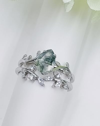 Wasee Natural Moss Agate Ring Set 925 Sterling Silver Green Moss Agate Engagement Ring Leaf Wedding Promise Ring Jewelry for Women,Ring Size 63