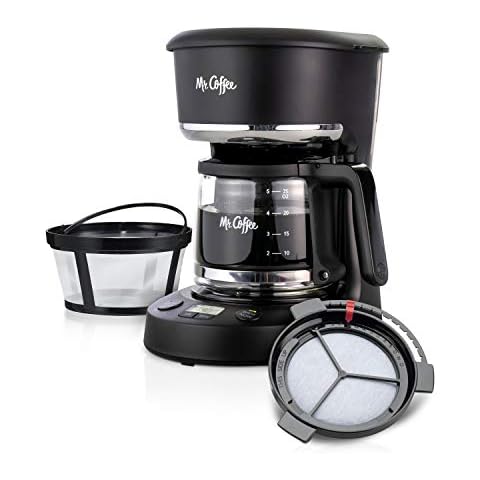 Mr. Coffee Programmable Coffee Maker, 5 Cups with Auto Pause, Glass Carafe, Compact Design, Black Cover