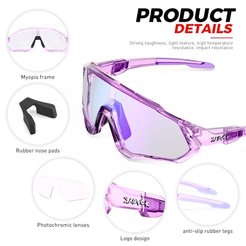 KAPVOE Photochromic Cycling Glasses For Men Women MTB BMX Clear Sports Sunglasses Running Volleyball Tennis Driving Fishing Softball Mountain Golf Hiking 62 Purple - Image 4