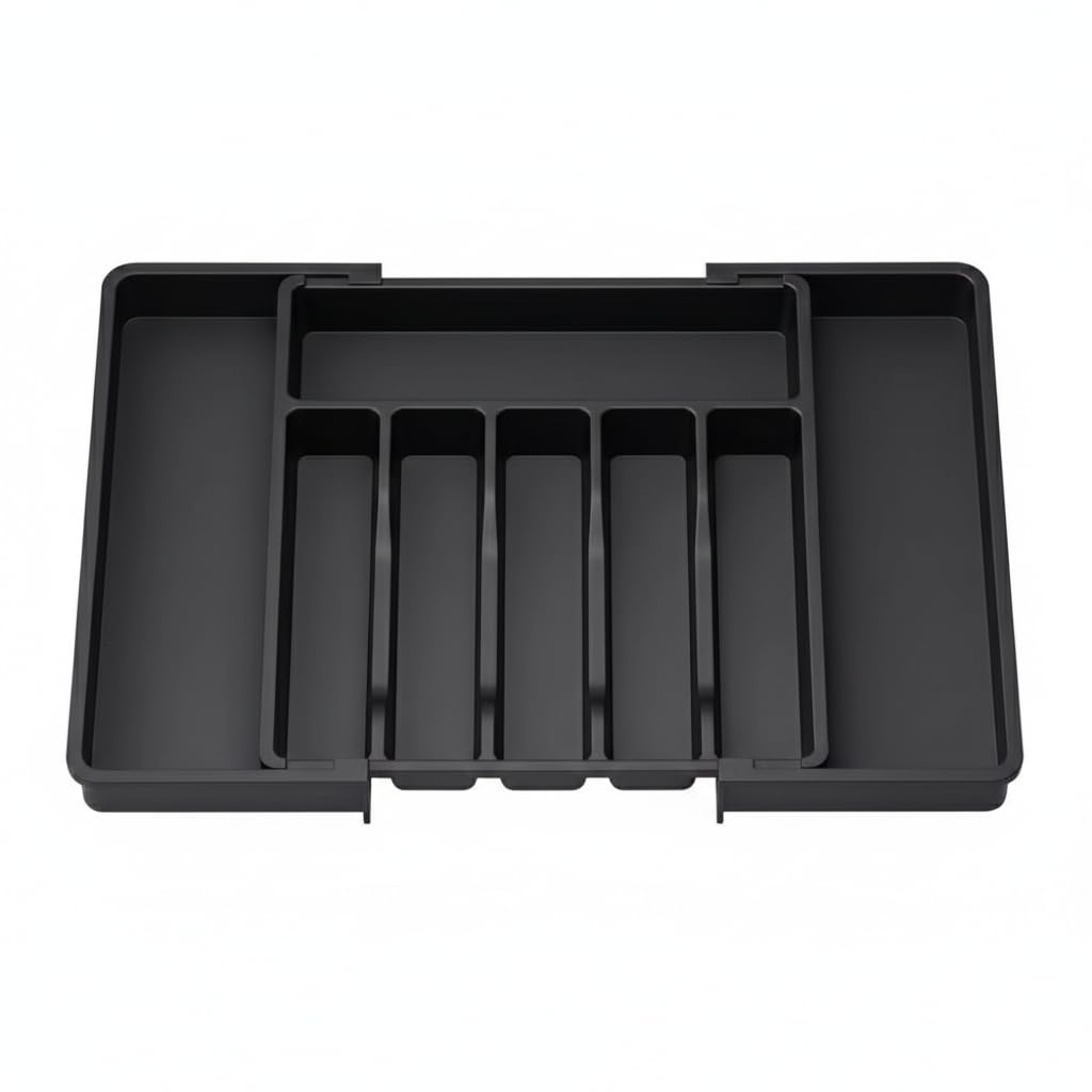 – Kitchen Drawer Organizer, Large Capacity Tableware Storage Box with Expandable Design, Black