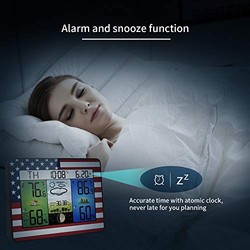 Geevon Weather Station Home Wireless Indoor Outdoor Temperature Humidity Monitor,Atomic Digital Clock Barometer Thermometer Hygrometer Color Forecast Station with Sensor(American Flag Pattern) - Thumbnail 7