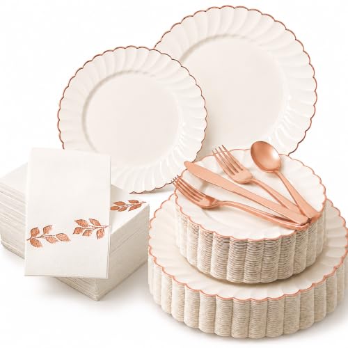 By Madee HEAVYWEIGHT Scalloped Rose Gold Disposable Dinnerware Set 175 Pc