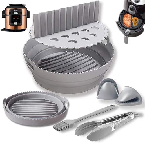 6PCS Air Fryer Accessories, Collapsible Round Silicone Air Fryer Liner for Ninja AF100UK, AF160UK, 15-in-1 Multicooker OL750UK, OP500UK OL550UK, COSORI 5.5L, Ninja Air Fryer Liners Round (Grey)