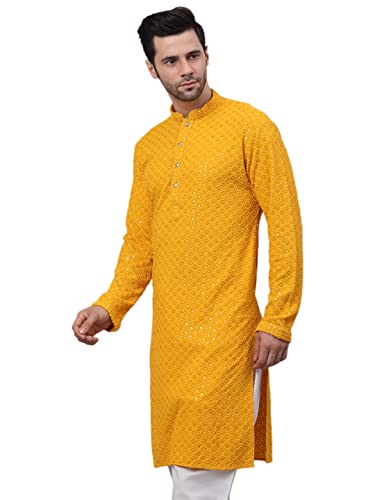 Image of Jompers Men's Regular Fit Cotton Chikankari Embroidered and Sequence Kurtas