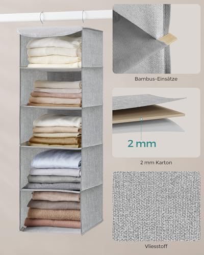 SONGMICS Hängeorganizer, 2er Set, Schrank-Organizer, Hängeregal, Hängeaufbewahrung, faltbar und platzsparend, Metallhaken und Bambus-Einsätze, leinenartige Textur, hellgrau RCH005W02