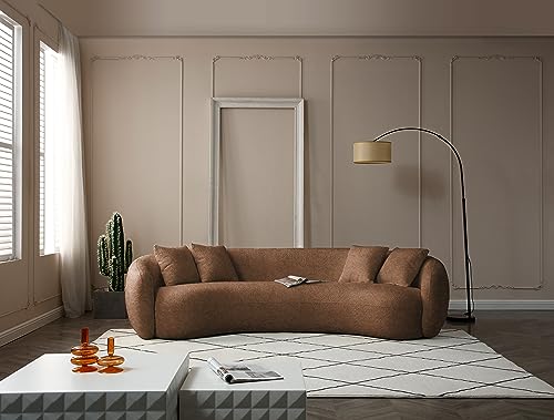 Image of KEIKI 103 inch Boucle Half Moon Curved Sectional Sofa with 4 Throw Pillows, Modern 5-Seater Teddy Fleece Leisure Couch with Curved Backrest, Easy Assembly, for Living Room, Bedroom, Brown