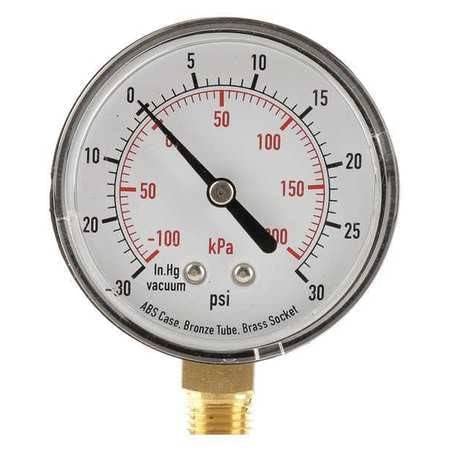 Compound Gauge, -30 to 0 to 30 in Hg/psi, 1/4 in MNPT, Plastic, Black